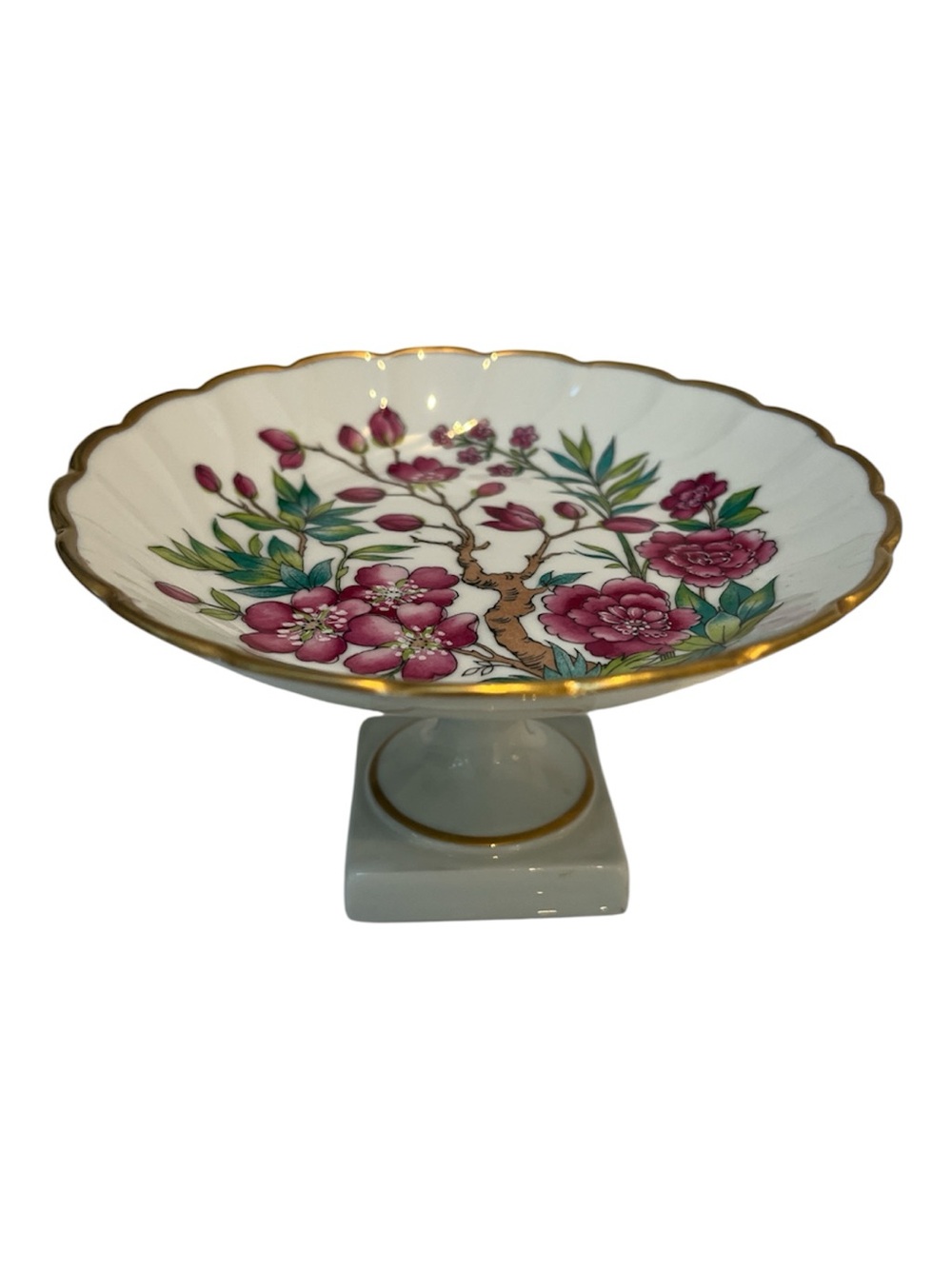 Vintage Limoges France Pedestal Dish Porcelain Pink Floral Gold Trim